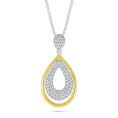 This double teardrop pendant necklace would make a timeless addition to any jewelry collection. Crafted in sterling silver and 10k yellow gold, this pendant features a teardrop shape adorned with round diamonds and another teardrop of polished gold. The diamonds are 1/3ctw, I in color, and I2 in clarity. The pendant measures 25mm in length and 12.4mm in width and comes suspended from an 18 inch sterling silver box chain with a lobster clasp. Classic Teardrop Drop Necklace With Diamond Accents, Teardrop Anniversary Drop Necklace In Fine Jewelry Style, Teardrop Fine Jewelry Drop Necklace For Anniversary, Fine Jewelry Teardrop Drop Necklace For Anniversary, Gold Teardrop Pendant Drop Necklace With Diamond Accents, Gold Drop Necklace With Diamond Accents In Teardrop Shape, Diamond White Teardrop Pendant Necklace For Anniversary, Anniversary Necklace With Diamond Accents In Teardrop Shape, Gold Teardrop Pendant Diamond Necklace