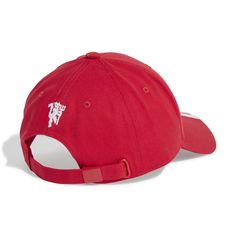 a red baseball cap with white embroidered logo on the front and side panel, facing forward