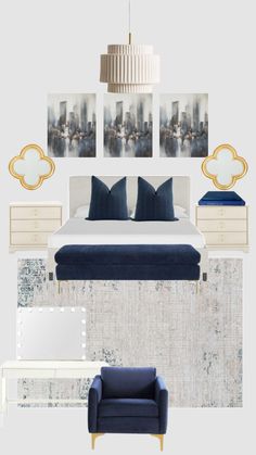 a bedroom with blue and white decor in it