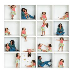 a collage of photos with two children and one adult