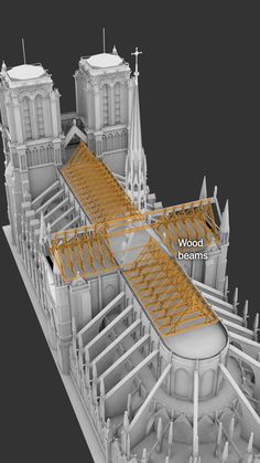 an architectural model of a cathedral with the roof covered in wood beams and gold paint