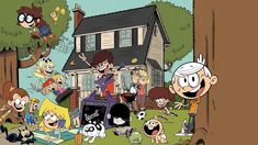 cartoon characters are gathered in front of a house