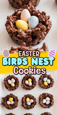 chocolate bird nest cookies on a white plate with eggs in the nest and text overlay that reads, easter birds nest cookies