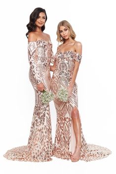 A&N Bridesmaids Isidora Sequin Long Sleeve Off-Shoulder Gown - Rose Gold Rose Gold Bridesmaid Dresses, Rose Gold Bridesmaid Dress, Gown With Long Sleeves, Backyard Wedding Ceremony, Rose Gold Bridesmaid, Sequin Bridesmaid, Gold Bridesmaid Dresses, Sequins Fabric, Off Shoulder Gown