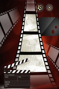 an image of a film strip with some movies on the side and another movie reel behind it