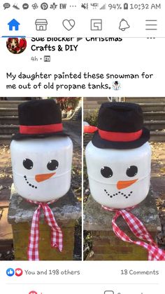 two photos of a snowman made out of mason jars