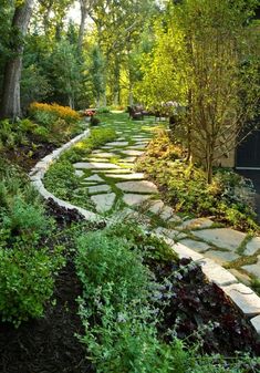 a stone path in the middle of a garden