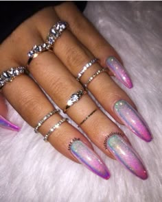 Glitter Acrylic Nails, Unicorn Nails Designs, Chrome Nails Designs, Cute Toe Nails, Simple Acrylic Nails, Mermaid Nails, Glitter Acrylic, Summer Acrylic Nails, Rainbow Nails