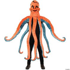 an orange and blue octopus costume standing in front of a white background with black pants