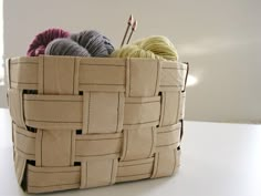 a basket filled with yarn sitting on top of a table