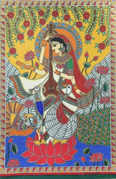 Madhubani Painting Durga Maa, Madhubani Saraswati Painting, Maa Saraswati Madhubani Painting, Laxmi Goddess Painting Madhubani, Indian Folk Art Painting Madhubani, Easy Mithila Painting, Bharni Style Madhubani Painting, Indian Madhubani Art