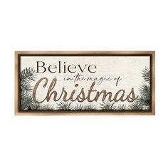 a wooden sign that says believe in the language of christmas with pine branches on it