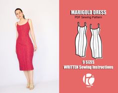 a woman in a red dress standing next to a white wall with the text, margold dress sewing pattern