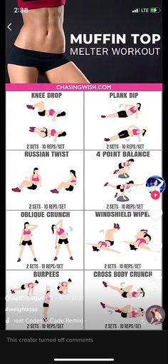 an image of a woman doing the muffin top and lower body workouts chart