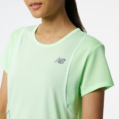 The New Balance Womens Printed Fast Flight Short Sleeve T-Shirt in this Green colourway. Inspired by the spirit of youthful athletes, our versatile Printed Fast Flight Short Sleeve for women provides bold style and comfort on a run or any workout. The NB ICE technology promotes airflow to help keep you cool, while the knit jersey front and knit mesh back provide a breathable feel. Boasting bold hues and a graphic print, this short sleeve shirt helps you perform in style.      NB ICE technology m Women Sportswear, New Balance Womens, Sport Clothing, Sleeve For Women, Technical Illustration, Knit Mesh, Colour Print, Bold Style, New Balance Women