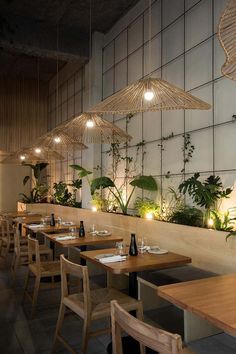 an empty restaurant with wooden tables and chairs, plants on the wall behind them as well as hanging lights