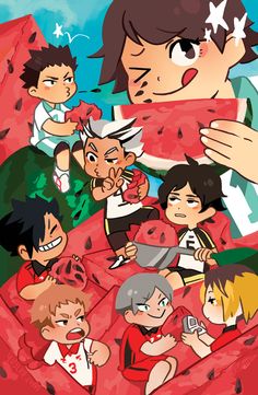 an anime character is surrounded by other characters and their faces are covered in watermelon