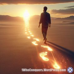 a man walking down a road with the sun setting in the background and footprints on the ground