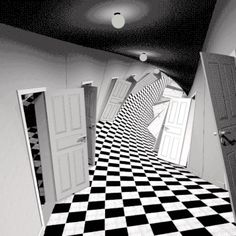 an image of a black and white checkered floor with two doors in the hallway