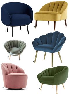 four different colored chairs with wooden legs