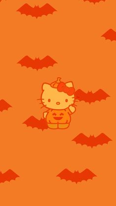 hello kitty wallpaper with bats and pumpkins on orange background for iphone or ipad