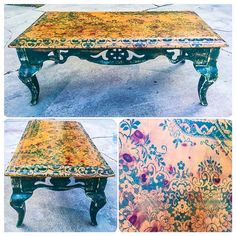 an old coffee table has been painted with floral designs on it and then turned into a bench