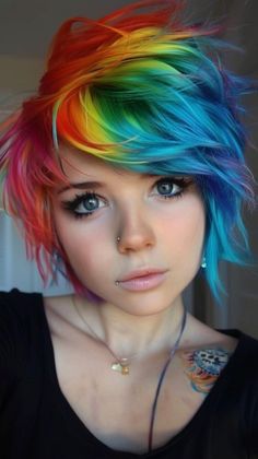 Crazy Color Hair Ideas Short, Fall Vivid Hair Color Short Hair, Rainbow Hair Color Short, Creative Hair Color Short, Emo Hair Style, Hair Dye Ideas Short Hair, Alt Hair Colors, Crazy Hair Color Ideas, Pixie Hair Color Ideas