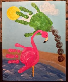 a painting of a pink flamingo and a hand reaching out to touch the ground