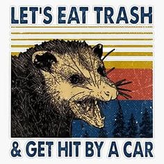 an animal with the words let's eat trash and get hit by a car