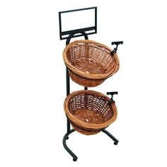 two wicker baskets on a metal stand