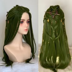 MADE TO ORDER Production time 45-60 days! lacefront middle part only Excellent wig for anything fantasy related! Made from high quality synthetic fibers Hair length is around 24 inch Golden beads Wig Comb and Wig caps included 100% hair density SIZE Average cap size 21-23" GENERAL INFORMATION. PLEASE READ. Please take into consideration that these wigs are made to order, and may vary slightly from the photos displayed. Item process updates are not offered for listed wigs. Custom orders updates w Fairy Wigs Hair, Fairy Princess Hair, Druid Hairstyles, Copper And Green Hair, Green Hair Tips, Long Fairy Hair, Fantasy Hair Styles, Black Green Hair, Viking Wig