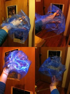 four images show the process of making a light - up ball with plastic wrappers