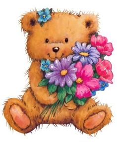 a brown teddy bear holding flowers with the words bonn govedi on it