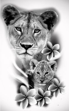 a lion and its cub are shown in black and white with flowers on the side