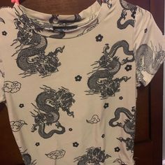 Never Worn, No Tags Casual Beige Printed Top, Trendy Beige Tops With Graphic Print, Trendy Beige Top With Graphic Print, Trendy Printed Beige Tops, Trendy Beige Printed Tops, Dragon Print Shirt, White Crop Tank, White Crop Top Tank, Green Bras