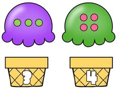 three ice cream cones with jelly monsters on them, one is green and the other is purple