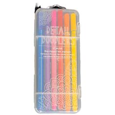 four different colored pencils in a plastic case