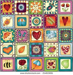 a colorful place mat with many different designs on the front and back of it, including hearts