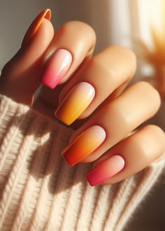 Summer nails can be so much fun! From bright and bold colors to playful designs, there are endless possibilities to express yourself. Here are some popular summer nail trends that you might like:Bright and Neon Colors,Pastel Shades,Tropical Prints,Fruit Designs,Ombre Nails,Seaside Themes You can experiment with different color combinations to create a beachy look. Yellow Gradient Nails, Red And Orange Ombre Nails, Sunset Inspired Nails, Orange And Yellow Ombre Nails, Nails Ideas Orange, Orange And Pink Nail Designs, Yellow And Orange Nails, Orange Yellow Nails, Sunset Ombre Nails