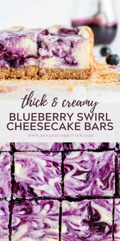 blueberry swirl cheesecake bars are stacked on top of each other