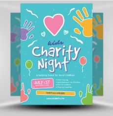 charity night flyer with handprints and balloons on blue background, in the shape of hearts