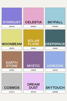 an image of the names of different types of things in each color and font pattern