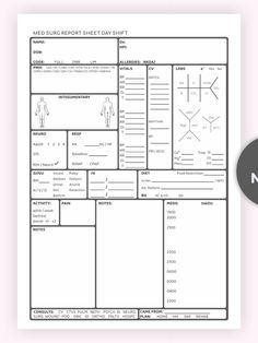 Med Surg Nurse Report Day & Night Shift, Nurse Brain Sheet, ICU Report, RN Report, Patient Tracker, A4 - Letter Size, Nurse Report Template Med Surg Nurse, Patient Assessment, Nurse Brain Sheet, Nurse Brain, New Grad Nurse, Med Surg Nursing