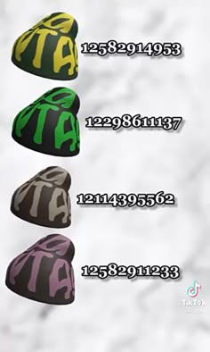 five beanies with different colors and numbers are shown in this graphic style, including the letters