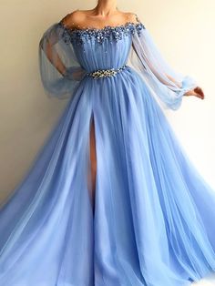 A-Line/Princess Long Sleeves Off-the-Shoulder Tulle Beading Floor-Length Dresses 파티 드레스, Long Prom Gowns, Dresses Modest, A Line Prom Dresses, Beauty Dress, Prom Dresses With Sleeves, Tulle Prom Dress, Prom Dresses Blue, Floor Length Dresses