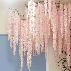 a pink flower hanging from the side of a wall next to a blue and white door