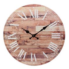 a clock made out of wood with roman numerals on the face and hands