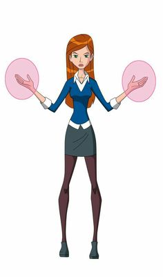 a woman with red hair and black stockings holding two pink circles in her hands, while standing