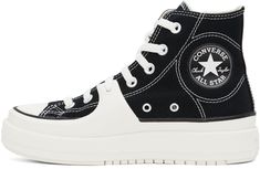 Find CONVERSE Black & White Construct Sneakers on Editorialist. High-top padded cotton canvas sneakers in black and white. · Rubber cap toe · Lace-up closure · Rubberized overlay at vamp · Logo patch and eyelets at inner side · Mesh lining · Cushioned OrthoLite® footbed · Textured EVA rubber platform midsole · Treaded rubber outsole · Contrast stitching in white · Platform: H1.5 in Supplier color: Black/Vintage white/Egret Black Chuck Taylors, White Chuck Taylors, White Chucks, Black Chucks, White Egret, Top Sneakers Women, Converse Black, White Platform, Black Vintage