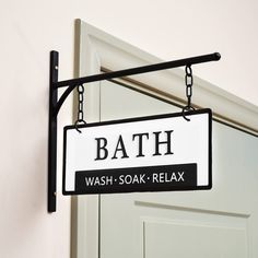 PRICES MAY VARY. 【Stylish BATHROOM Hanging Sign】Enhance your interior with this beautiful Black on White Enamel Metal Sign with Bracket. 【Make your BATHROOM Shine】Add a modern farmhouse touch to your bathroom walls with this elegant decor item. 【HAND MADE】Crafted with double-sided embossed lettering, this 13 x 10.5 inch sign is sure to make a bold statement in your laundry area. 【sturdy construction】The Hand worked 3D two-sided sign with raised letters is made from enamel for durability, ensurin Tin Bath, Bathroom Door Sign, Ada Bathroom, Bath Sign, Wash Dry Fold, Restroom Sign, Modern Farmhouse Bathroom, Bathroom Doors, Farmhouse Bathroom